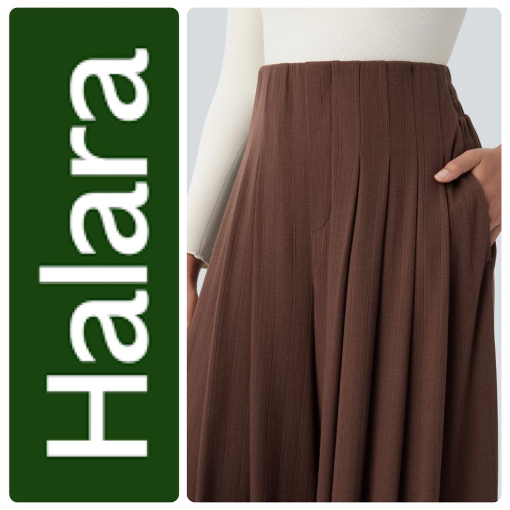 HALARA Brown Ribbed Knit High Waisted Pleated Pocket Flowy Wide Leg Casual Pants